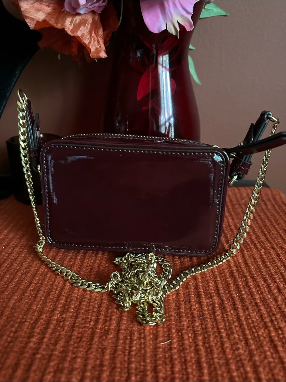 Rare Women's Patent Crossbody Mini Bag in Deep Burgundy with Gold Chain